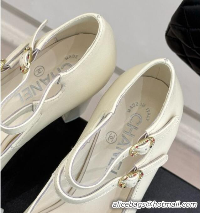 Duplicate Chanel Mary Janes in Laminated Lambskin & Grosgrain G46433 White