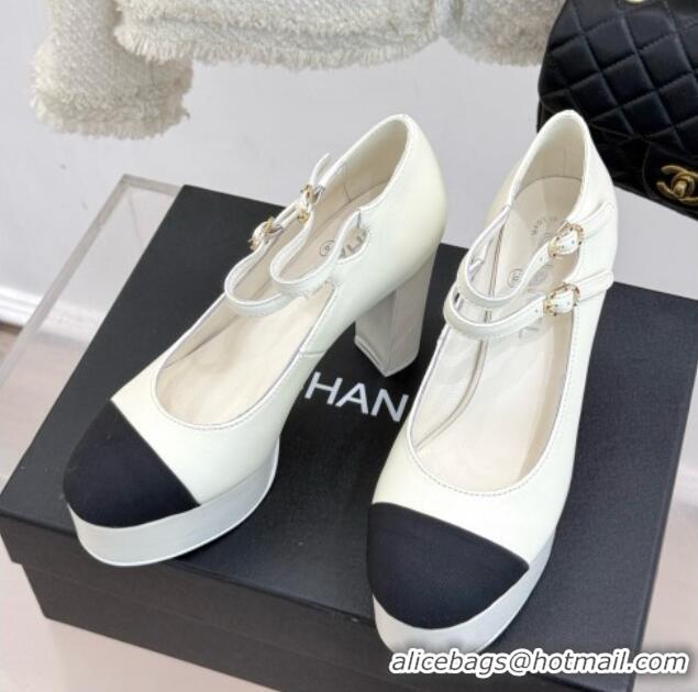 Duplicate Chanel Mary Janes in Laminated Lambskin & Grosgrain G46433 White