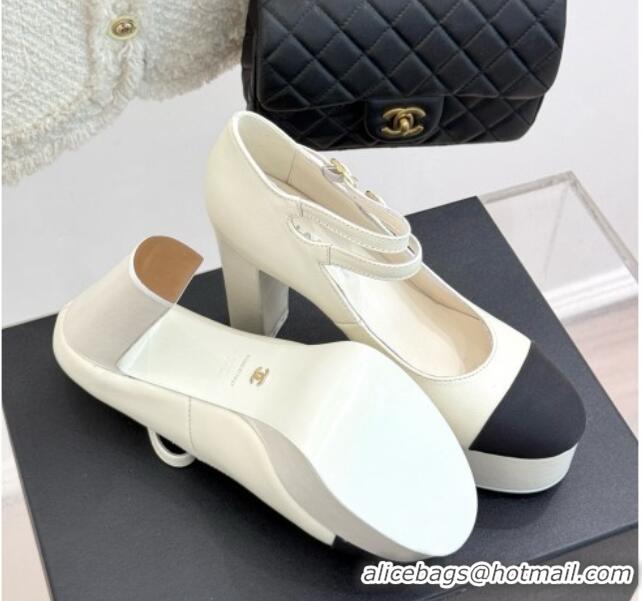 Duplicate Chanel Mary Janes in Laminated Lambskin & Grosgrain G46433 White