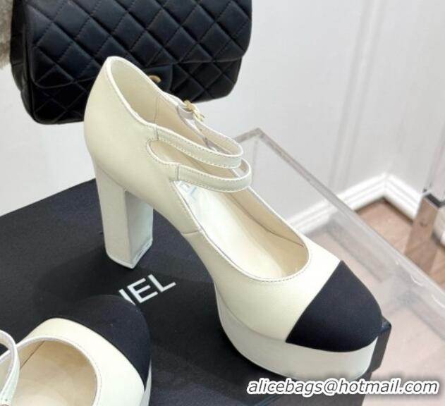 Duplicate Chanel Mary Janes in Laminated Lambskin & Grosgrain G46433 White