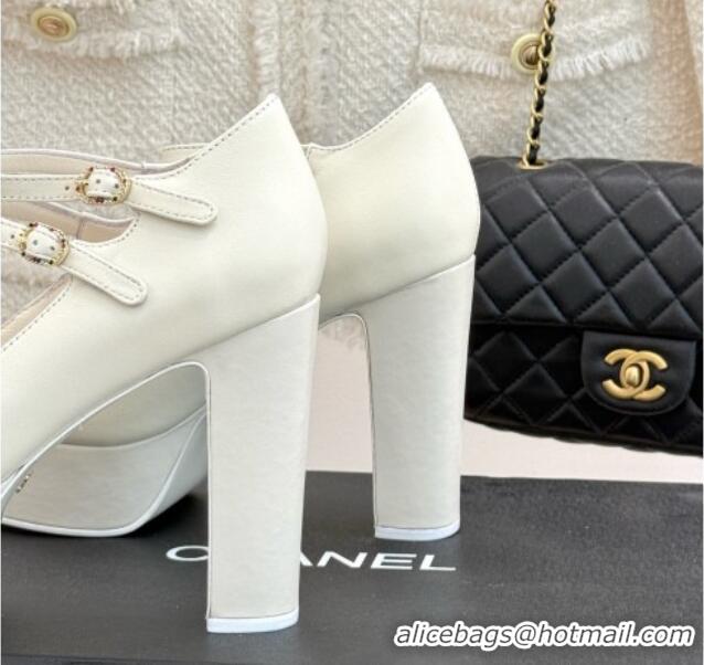 Duplicate Chanel Mary Janes in Laminated Lambskin & Grosgrain G46433 White