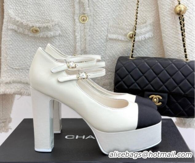 Duplicate Chanel Mary Janes in Laminated Lambskin & Grosgrain G46433 White