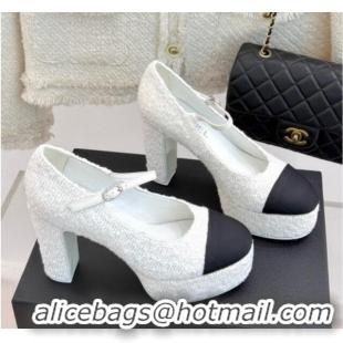 Best Grade Chanel Mary Janes in Tweed & Grosgrain G46433 White