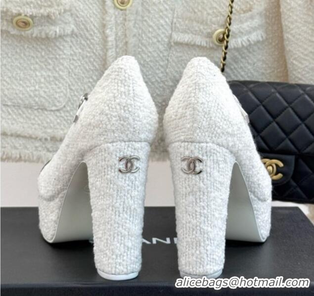 Best Grade Chanel Mary Janes in Tweed & Grosgrain G46433 White