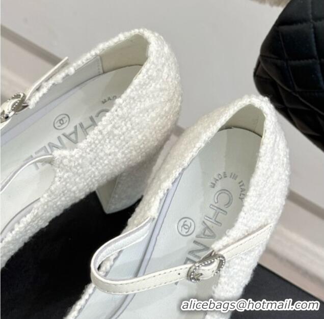 Best Grade Chanel Mary Janes in Tweed & Grosgrain G46433 White