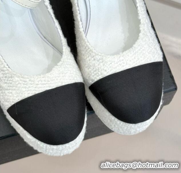 Best Grade Chanel Mary Janes in Tweed & Grosgrain G46433 White