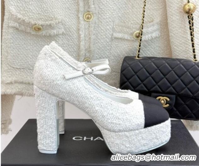 Best Grade Chanel Mary Janes in Tweed & Grosgrain G46433 White