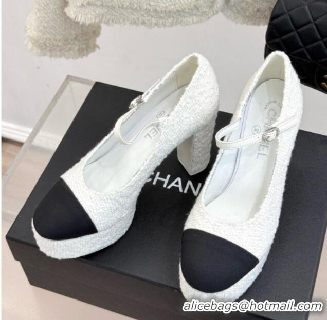 Best Grade Chanel Mary Janes in Tweed & Grosgrain G46433 White