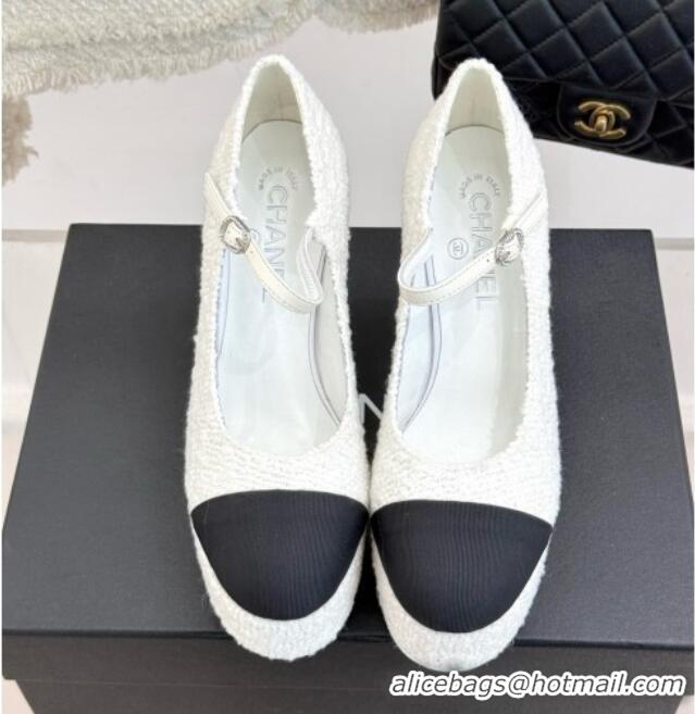 Best Grade Chanel Mary Janes in Tweed & Grosgrain G46433 White