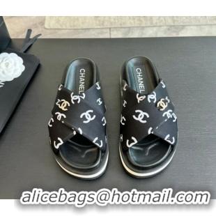 Unique Style Chanel CC Printed Lambskin Platform Slides Sandal Black 2025 CH041712