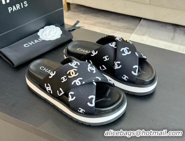 Unique Style Chanel CC Printed Lambskin Platform Slides Sandal Black 2025 CH041712