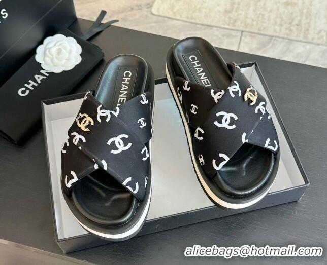 Unique Style Chanel CC Printed Lambskin Platform Slides Sandal Black 2025 CH041712