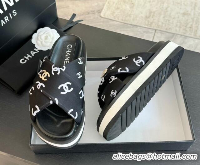Unique Style Chanel CC Printed Lambskin Platform Slides Sandal Black 2025 CH041712
