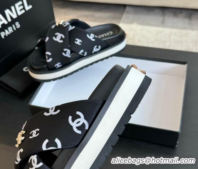 Unique Style Chanel CC Printed Lambskin Platform Slides Sandal Black 2025 CH041712