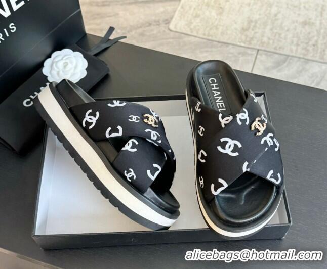 Unique Style Chanel CC Printed Lambskin Platform Slides Sandal Black 2025 CH041712