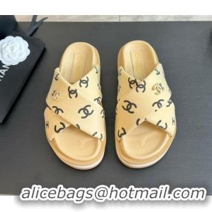 Stylish Chanel CC Printed Lambskin Platform Slides Sandal Beige 2025 CH041712
