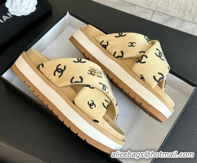 Stylish Chanel CC Printed Lambskin Platform Slides Sandal Beige 2025 CH041712