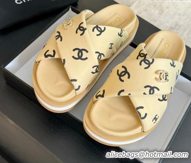 Stylish Chanel CC Printed Lambskin Platform Slides Sandal Beige 2025 CH041712