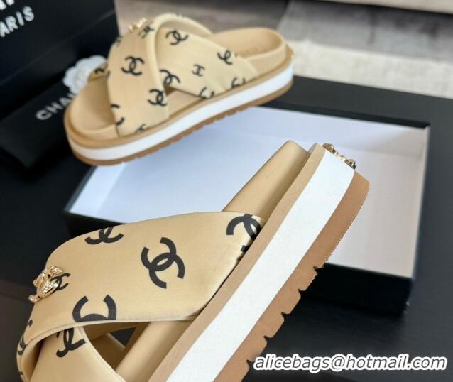 Stylish Chanel CC Printed Lambskin Platform Slides Sandal Beige 2025 CH041712