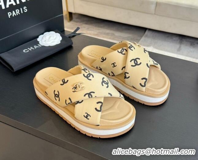 Stylish Chanel CC Printed Lambskin Platform Slides Sandal Beige 2025 CH041712