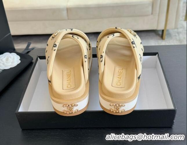 Stylish Chanel CC Printed Lambskin Platform Slides Sandal Beige 2025 CH041712