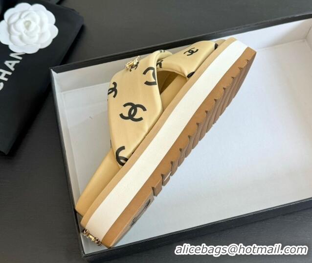 Stylish Chanel CC Printed Lambskin Platform Slides Sandal Beige 2025 CH041712