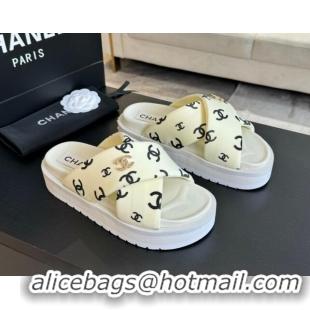 Durable Chanel CC Printed Lambskin Platform Slides Sandal White 2025 CH041712