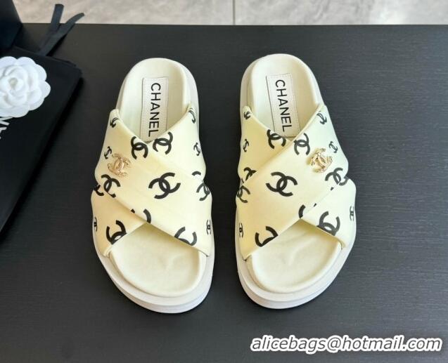 Durable Chanel CC Printed Lambskin Platform Slides Sandal White 2025 CH041712