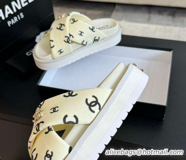 Durable Chanel CC Printed Lambskin Platform Slides Sandal White 2025 CH041712