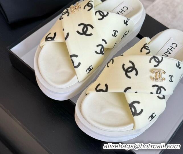 Durable Chanel CC Printed Lambskin Platform Slides Sandal White 2025 CH041712