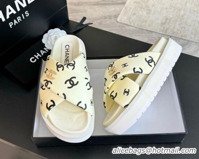 Durable Chanel CC Printed Lambskin Platform Slides Sandal White 2025 CH041712