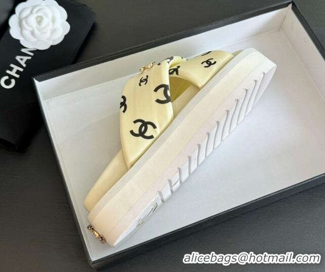 Durable Chanel CC Printed Lambskin Platform Slides Sandal White 2025 CH041712