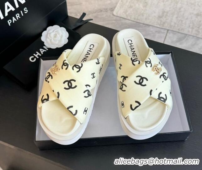 Durable Chanel CC Printed Lambskin Platform Slides Sandal White 2025 CH041712