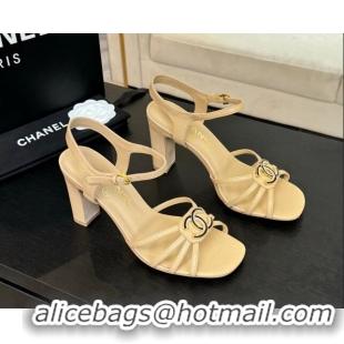 Grade Quality Chanel Lambskin Heel Sandals 8.5cm with CC Patch Beige 2025 G46274