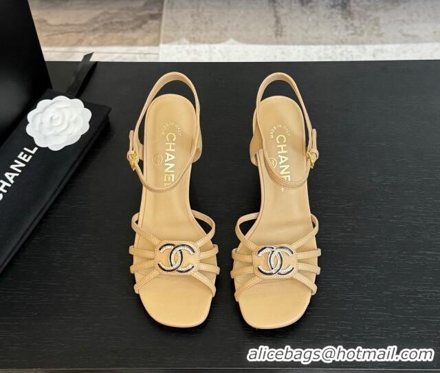 Grade Quality Chanel Lambskin Heel Sandals 8.5cm with CC Patch Beige 2025 G46274
