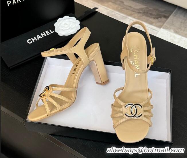 Grade Quality Chanel Lambskin Heel Sandals 8.5cm with CC Patch Beige 2025 G46274
