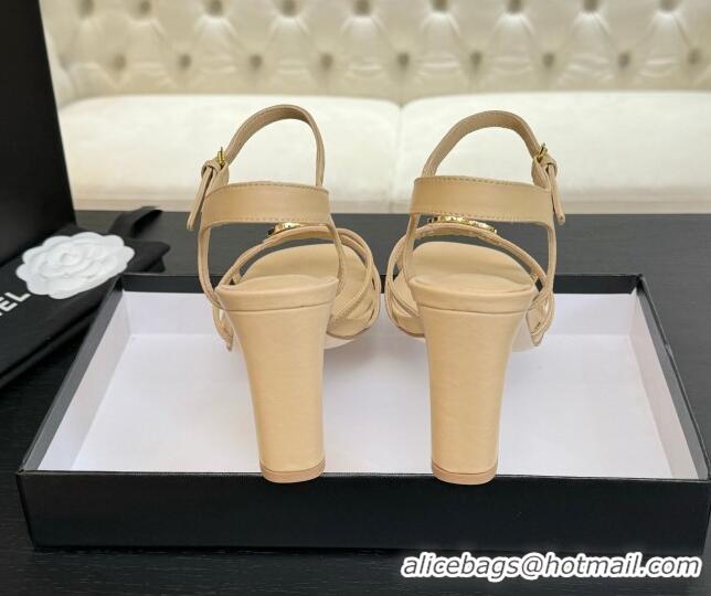 Grade Quality Chanel Lambskin Heel Sandals 8.5cm with CC Patch Beige 2025 G46274