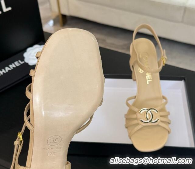 Grade Quality Chanel Lambskin Heel Sandals 8.5cm with CC Patch Beige 2025 G46274