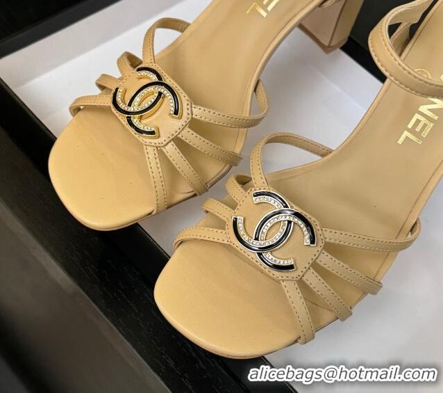 Grade Quality Chanel Lambskin Heel Sandals 8.5cm with CC Patch Beige 2025 G46274