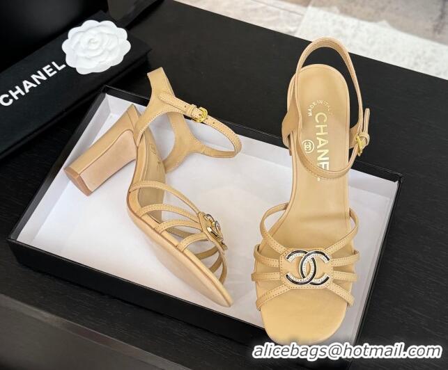 Grade Quality Chanel Lambskin Heel Sandals 8.5cm with CC Patch Beige 2025 G46274