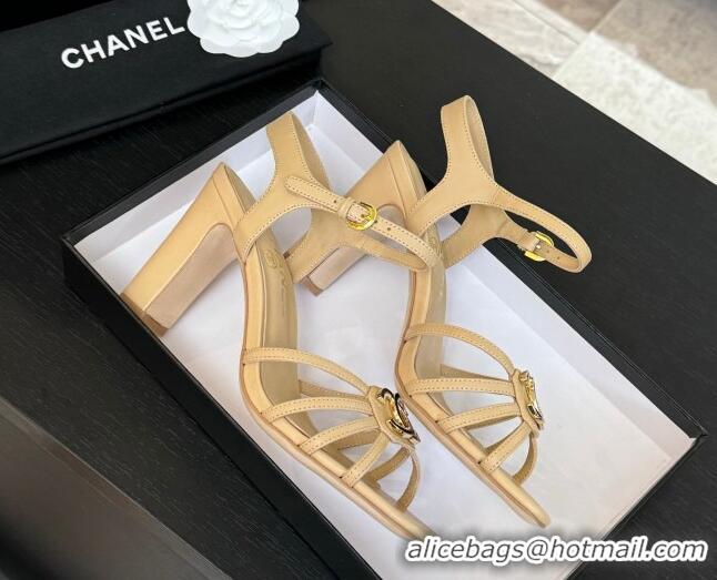 Grade Quality Chanel Lambskin Heel Sandals 8.5cm with CC Patch Beige 2025 G46274