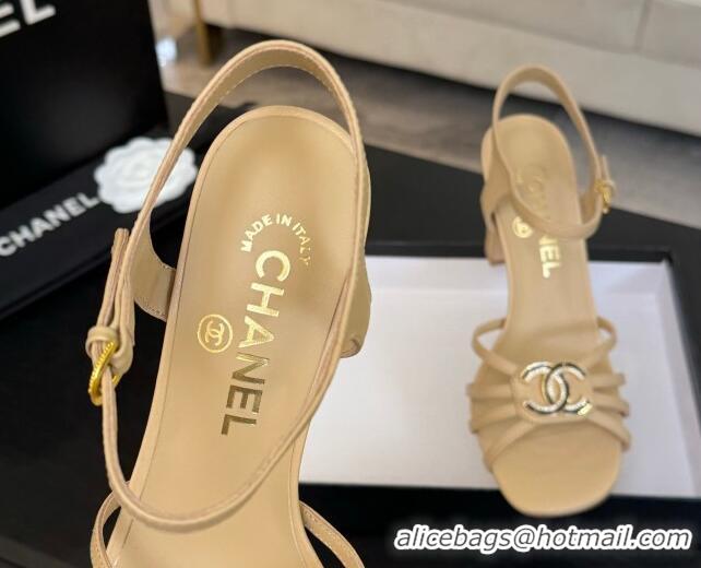 Grade Quality Chanel Lambskin Heel Sandals 8.5cm with CC Patch Beige 2025 G46274