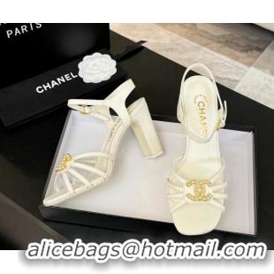 Best Price Chanel Lambskin Heel Sandals 8.5cm with CC Patch White 2025 G46274