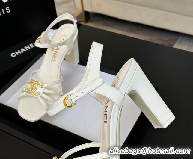 Best Price Chanel Lambskin Heel Sandals 8.5cm with CC Patch White 2025 G46274
