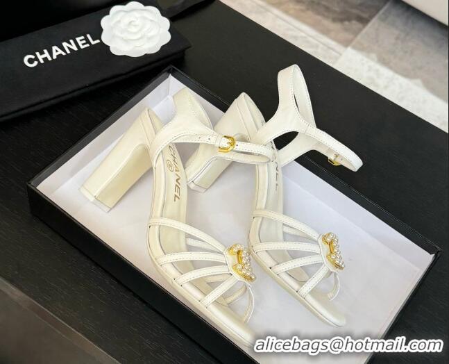Best Price Chanel Lambskin Heel Sandals 8.5cm with CC Patch White 2025 G46274