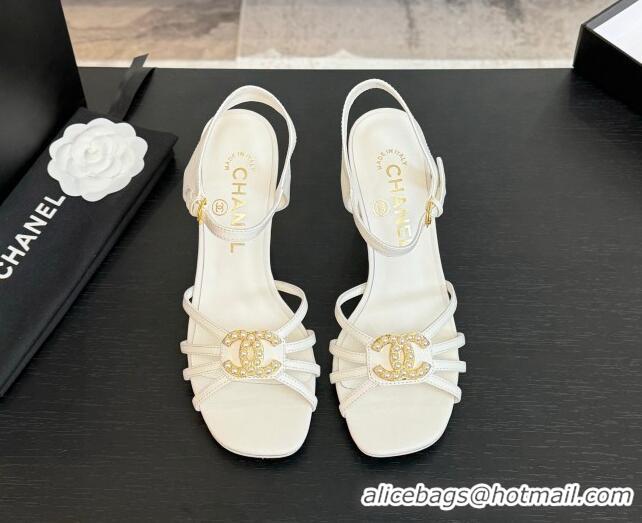 Best Price Chanel Lambskin Heel Sandals 8.5cm with CC Patch White 2025 G46274