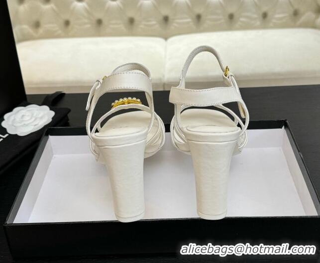 Best Price Chanel Lambskin Heel Sandals 8.5cm with CC Patch White 2025 G46274