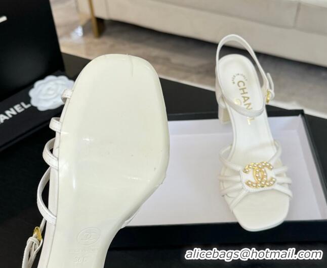 Best Price Chanel Lambskin Heel Sandals 8.5cm with CC Patch White 2025 G46274