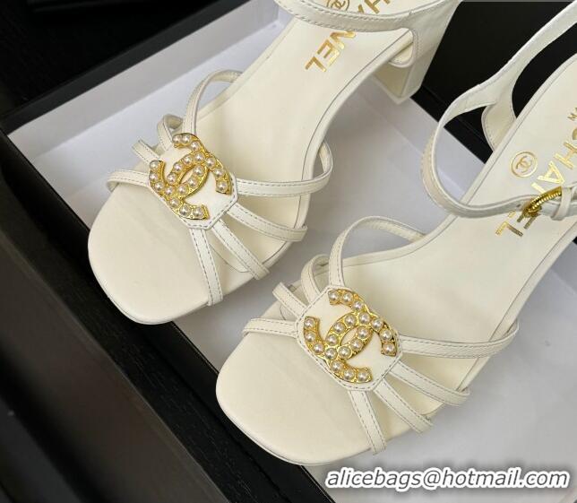 Best Price Chanel Lambskin Heel Sandals 8.5cm with CC Patch White 2025 G46274