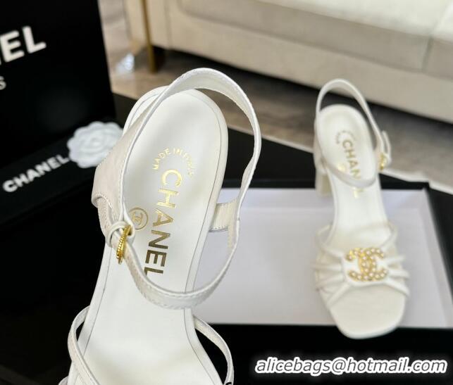 Best Price Chanel Lambskin Heel Sandals 8.5cm with CC Patch White 2025 G46274